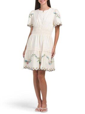LEA Short Sleeve Needlepoint Embroidered Ruched Waist Mini Dress